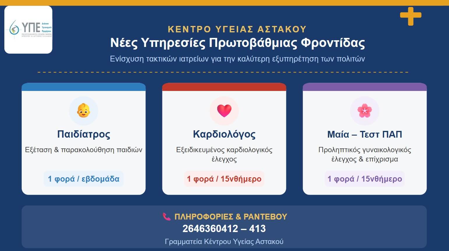 Νέες Υπηρεσίες στο Κέντρο Υγείας Αστακού